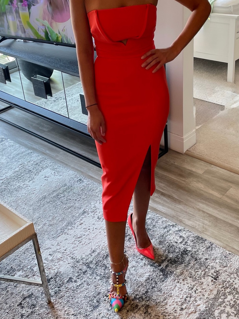 NICHOLAS Orange Coral Red Silk Strapless Cutout Front Slit Cocktail Dress Size 2 - Picture 3 of 15